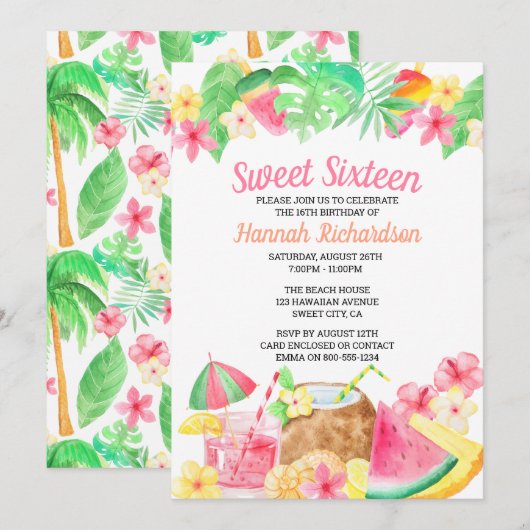 Sweet 16 Hawaïaanse thema Waterverf Luau Party Kaart (Voorkant / Achterkant)