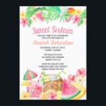 Sweet 16 Hawaïaanse thema Waterverf Luau Party Kaart<br><div class="desc">Sweet 16 Luau Party Invitations - perfect voor uw Hawaïaanse themafeest. Dit waterverf ontwerp is voorzien van kokosnoot shell drinken, met meloen, ananas en kleurrijke ijslollies. Het ontwerp is versierd met tropische bladeren (monstera, palm en bananenblad) en roze hibiscus en gele tropische bloemen. Sweet Sixteen en jouw naam zijn geschreven...</div>