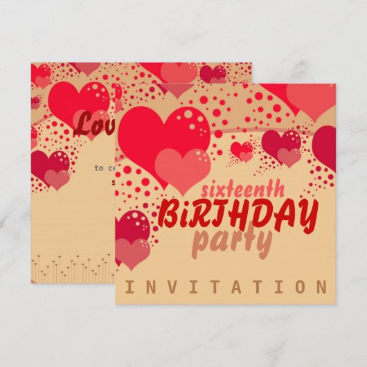 Sweet 16 Hearts Birthday Invitation Kaart (Voorkant / Achterkant)