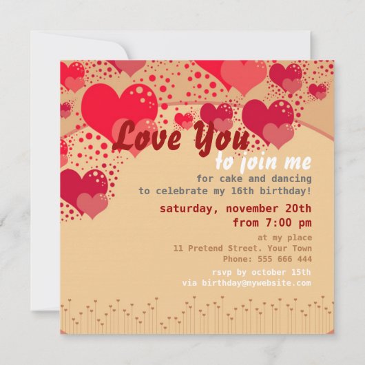 Sweet 16 Hearts Birthday Invitation Kaart (Achterkant)