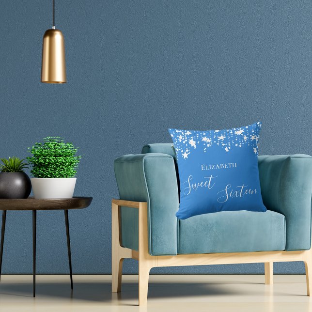 Sweet 16 helder blauw wit sterren naam kussen (Creator heeft geüpload)