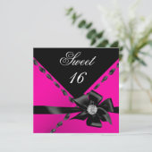 Sweet 16 Hot Pink Bow Black Birthday Party Kaart (Staand voorkant)