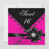 Sweet 16 Hot Pink Bow Black Birthday Party Kaart (Voorkant)