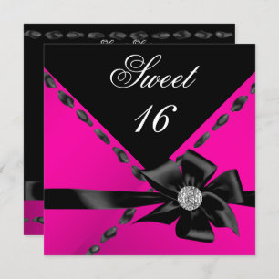 Sweet 16 Hot Pink Bow Black Birthday Party Kaart