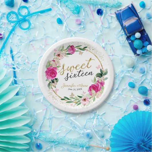 Sweet 16 Hot Pink Floral Butterfly Papieren Bordje (Feest)