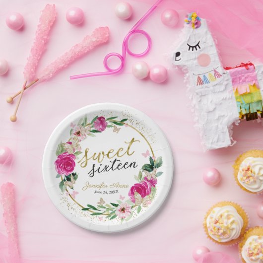 Sweet 16 Hot Pink Floral Butterfly Papieren Bordje (Feest)