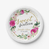 Sweet 16 Hot Pink Floral Butterfly Papieren Bordje (Voorkant)