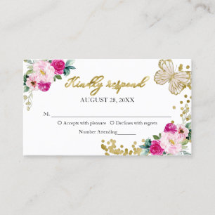 Sweet 16 Hot Pink Floral Butterfly RSVP Enclosure Visitekaartje