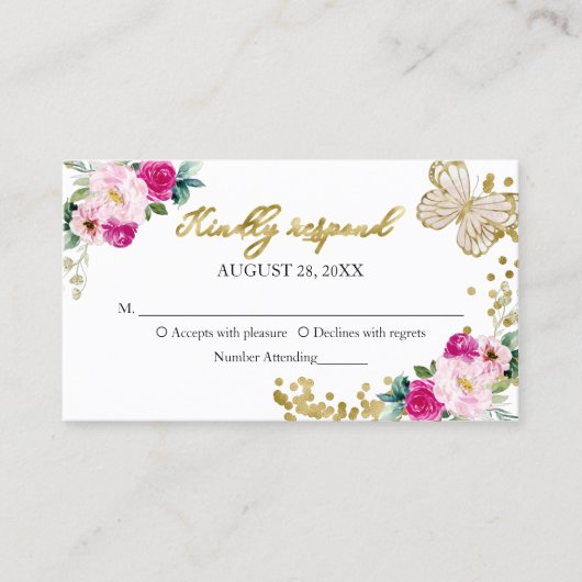 Sweet 16 Hot Pink Floral Butterfly RSVP Enclosure Visitekaartje (Voorkant)