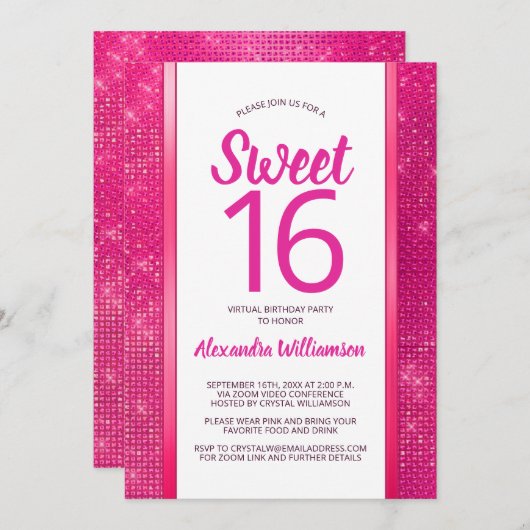 Sweet 16 Hot Pink Glam Virtual 16e Verjaardagsfees Kaart (Voorkant / Achterkant)