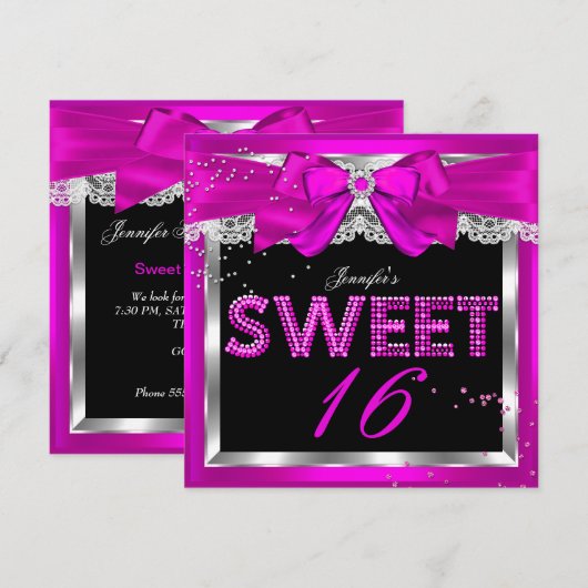 Sweet 16 Hot Pink Glitter Glam Birthday Party Kaart (Voorkant / Achterkant)