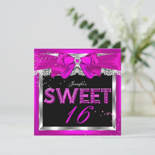 Sweet 16 Hot Pink Glitter Glam Birthday Party Kaart (Staand voorkant)
