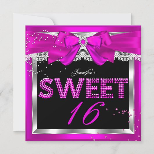 Sweet 16 Hot Pink Glitter Glam Birthday Party Kaart (Voorkant)