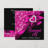 Sweet 16 Hot Pink Heart Bow Black Party Kaart (Voorkant / Achterkant)