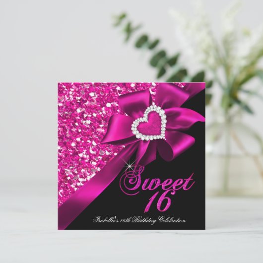Sweet 16 Hot Pink Heart Bow Black Party Kaart (Staand voorkant)