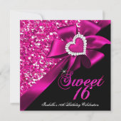 Sweet 16 Hot Pink Heart Bow Black Party Kaart (Voorkant)