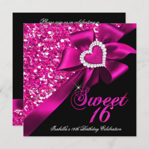 Sweet 16 Hot Pink Heart Bow Black Party Kaart