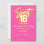  Sweet 16 Hot Pink Neon Glow Gold Glitter Birthday Kaart (Voorkant)