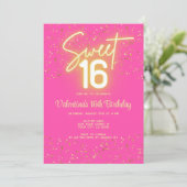  Sweet 16 Hot Pink Neon Glow Gold Glitter Birthday Kaart (Staand voorkant)