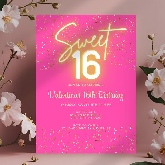  Sweet 16 Hot Pink Neon Glow Gold Glitter Birthday Kaart