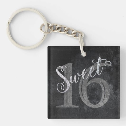 Sweet 16 Houtskool Grijs en Zilver Keepsake Sleutelhanger (Voorkant)