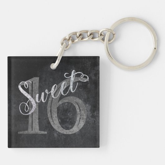 Sweet 16 Houtskool Grijs en Zilver Keepsake Sleutelhanger (Achterkant)