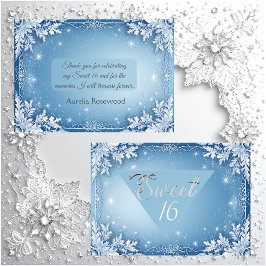 Sweet 16 Icy Blue Silver Winter Frost Snowflakes Bedankkaart