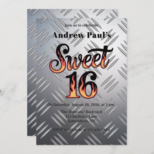 Sweet 16 In Flames and Silver Plate Birthday Party Kaart (Voorkant / Achterkant)