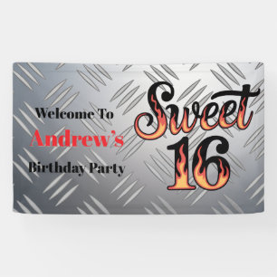 Sweet 16 in vlammen en zilveren plaat spandoek