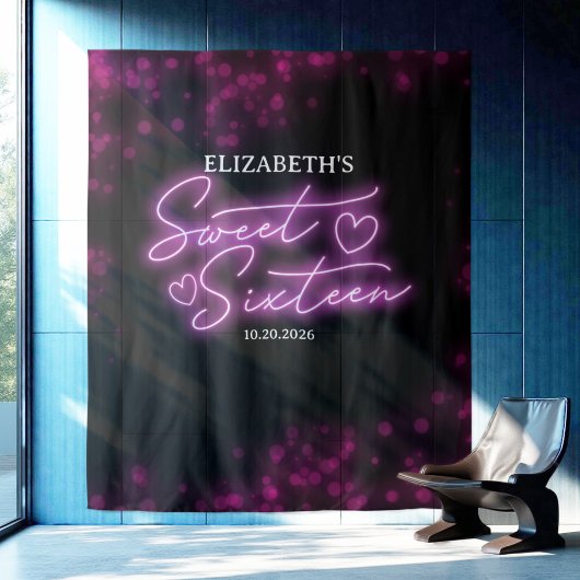 Sweet 16-inch hot-roze Neon Glow-achtergrond Wandkleed