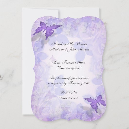 Sweet 16 invitatie paarse vlinders kaart (Achterkant)