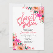 Sweet 16 Invitaties Hot Pink Floral Kaart (Voorkant)