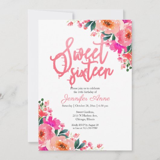 Sweet 16 Invitaties Hot Pink Floral Kaart (Voorkant)