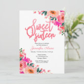 Sweet 16 Invitaties Hot Pink Floral Kaart (Staand voorkant)