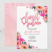 Sweet 16 Invitaties Hot Pink Floral Kaart (Voorkant / Achterkant)