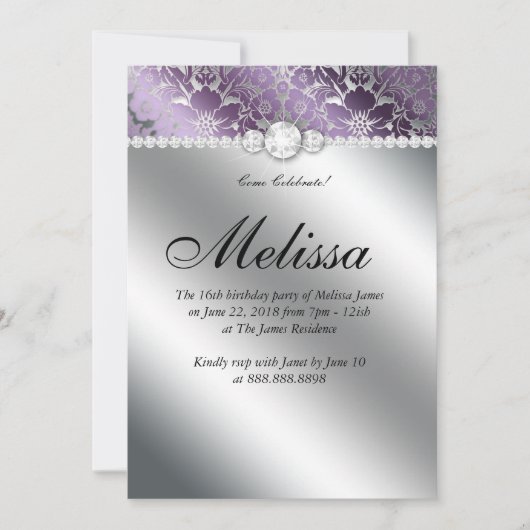 Sweet 16 Invitation Floral Damask Paars Silver Kaart (Voorkant)