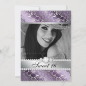 Sweet 16 Invitation Floral Damask Paars Silver Kaart (Achterkant)
