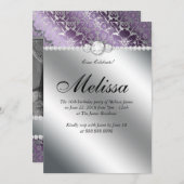 Sweet 16 Invitation Floral Damask Paars Silver Kaart (Voorkant / Achterkant)