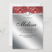 Sweet 16 Invitation Floral Damask Red Silver Kaart (Voorkant)