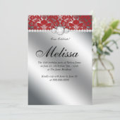 Sweet 16 Invitation Floral Damask Red Silver Kaart (Staand voorkant)