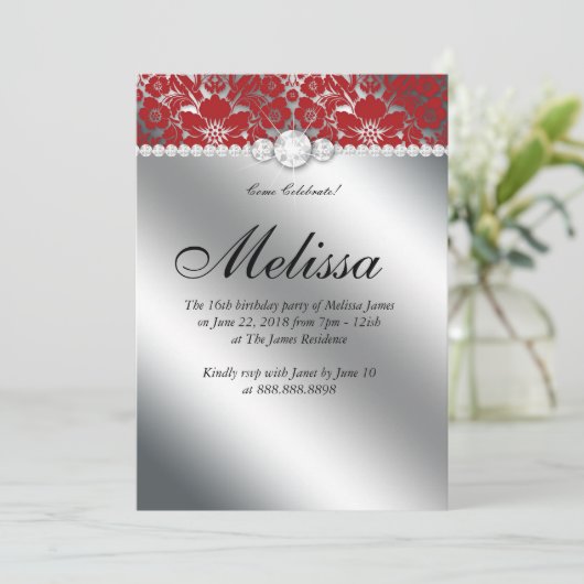 Sweet 16 Invitation Floral Damask Red Silver Kaart (Staand voorkant)