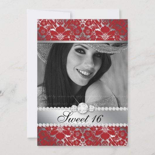 Sweet 16 Invitation Floral Damask Red Silver Kaart (Achterkant)