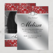 Sweet 16 Invitation Floral Damask Red Silver Kaart (Voorkant / Achterkant)