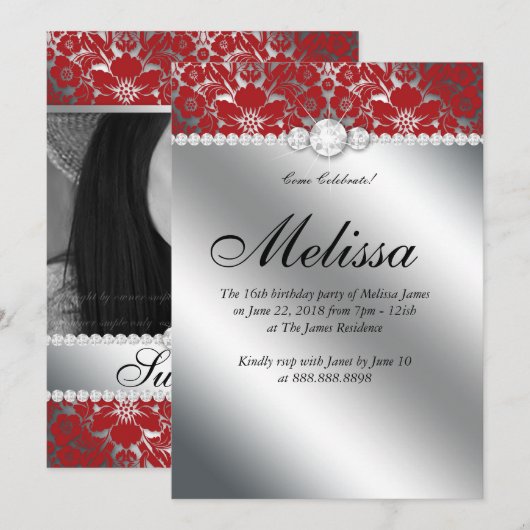 Sweet 16 Invitation Floral Damask Red Silver Kaart (Voorkant / Achterkant)