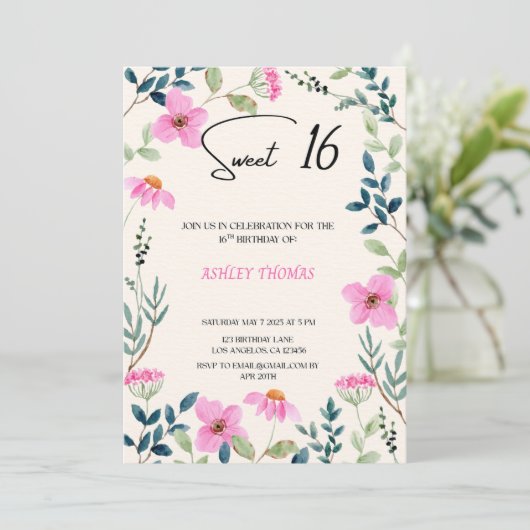 Sweet 16 Invitation floral pink Kaart (Staand voorkant)