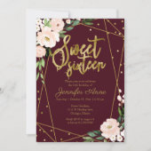 Sweet 16 Invitation Gold Burgundy Blush Floral Kaart (Voorkant)