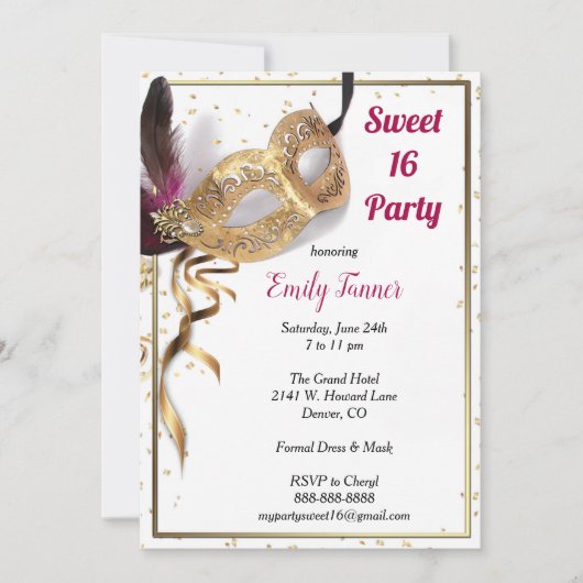 Sweet 16 Invitation Gold Glitter Mask Kaart (Voorkant)