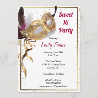 Sweet 16 Invitation Gold Glitter Mask Kaart
