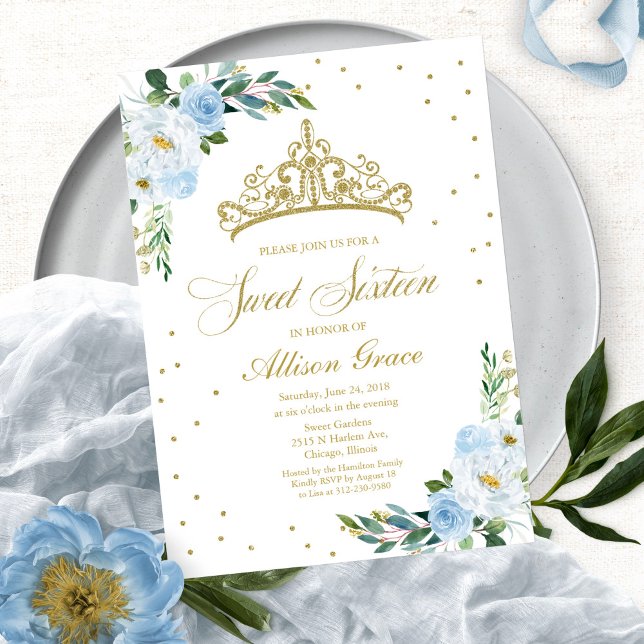 Sweet 16 Invitation Gold Tiara Dusty Blue Floral (Creator heeft geüpload)