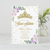 Sweet 16 Invitation Gold Tiara Lavender Floral (Staand voorkant)